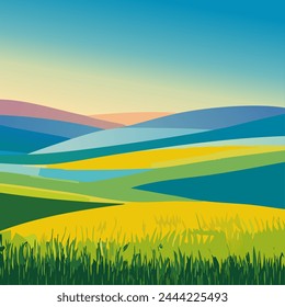 Beautiful summer green fields landscape blue sky on background  vector illustration  10 eps