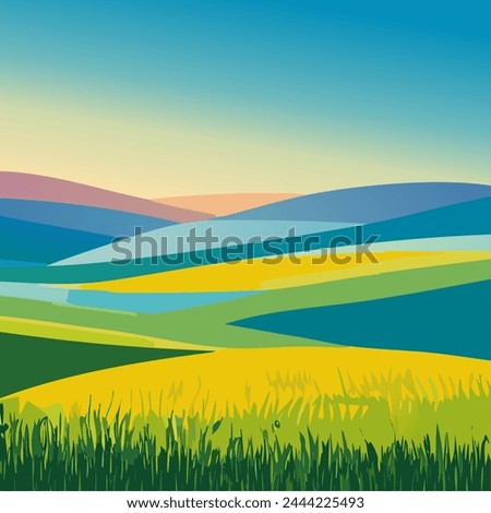 Beautiful summer green fields landscape blue sky on background  vector illustration  10 eps