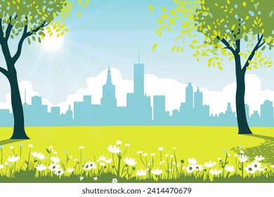 Beautiful summer green meadow with flowers and trees in the park against the backdrop of silhouettes of city buildings and bright rays of the sun. Vector illustration in cartoon flat style for design.