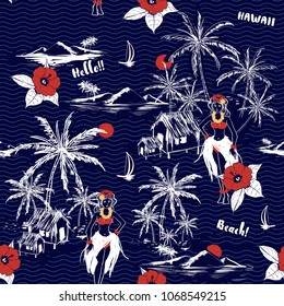 Beautiful summer Hawaiian girl island. seamless pattern on wave background. Tropical  vector in hand drawn with hibiscus Flowers and plam tree at the beach and ocean on navy blue .