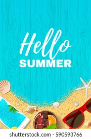 Beautiful summer holiday flyer. Top view on fresh cocktail, seashells, sun glasses, smartphone and sea sand on wooden texture. Vector illustration.