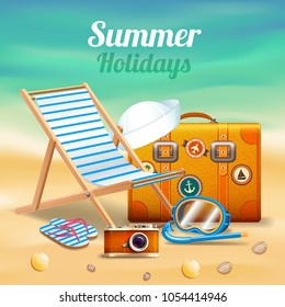 Beautiful summer holidays realistic composition with sunbed and suitcase on shore of the turquoise sea vector illustration