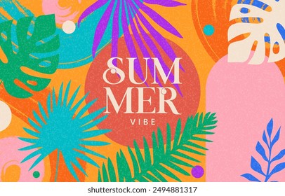 Beautiful Summer horizontal background with bright abstract tropical leaves. Modern art minimalist style design template for sales, horizontal poster, header, cover, social media, fashion