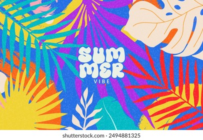 Hermoso fondo Horizontal de verano con hojas tropicales abstractas brillantes. Plantilla de diseño de estilo minimalista de arte moderno para ventas, cartel Horizontal, encabezado, portada, redes sociales, moda