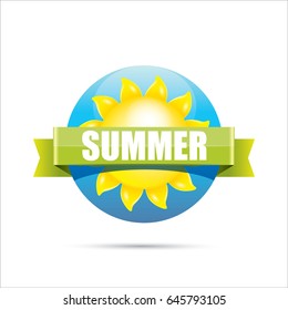 beautiful summer illustrations . vector summer label. summer icon with sun and green ribbon . Stylized design element. Background design for banner, poster, flyer, cover, brochure. Logo design.