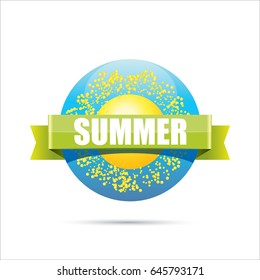 beautiful summer illustrations . vector summer label. summer icon with sun and green ribbon . Stylized design element. Background design for banner, poster, flyer, cover, brochure. Logo design.