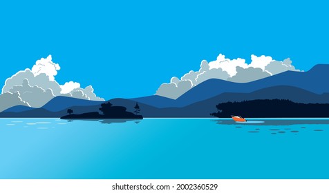 Beautiful Summer Lake With Mountain Range And Storm Clouds On The Background And A Motorboat Moving Past Islands, Copy Space For Your Text, EPS 8 Vector Illustration, No Transparencies