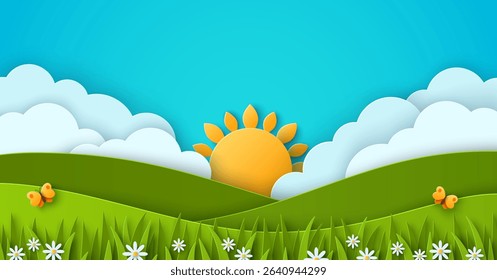 Beautiful summer landscape background. Fluffy clouds, blue sky, sun, yellow butterfly. Green grass lawn field and daisy flowers. Vector illustration. Paper cut countryside hills. Place for text