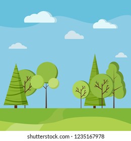 Beautiful summer landscape background with green trees, fields, road, clouds in cartoon flat style. Vector background illustration.