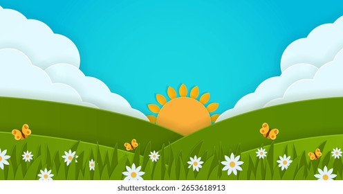Beautiful summer landscape background illustration. Paper cut countryside hills