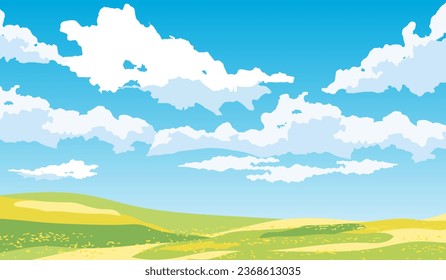Beautiful summer landscape with blue sky and clouds. Vector illustration.