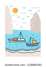 Beautiful summer landscape with boats or yachts sailing in sea or ocean bay against rocky cliffs and sun on background. Seaside scenery. Colorful vector illustration in modern line art style