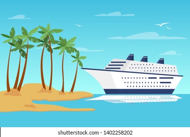 Hermoso paisaje de verano con un crucero en segundo plano. Mar azul y cielo con nubes encima. Playa de arena y palmera. Ilustración vectorial en estilo de caricatura