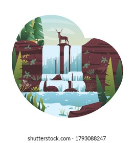 Beautiful summer landscape flat design concept. Deer standing on the top of waterfall. Wild nature vector illustration.