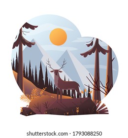 Beautiful summer landscape flat design concept. Deer standing in the forest on a background of mountains. Wild nature vector illustration.