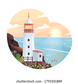 Beautiful summer landscape flat design concept. Lighthouse by the sea or ocean. Beacon in ocean for navigation illustration