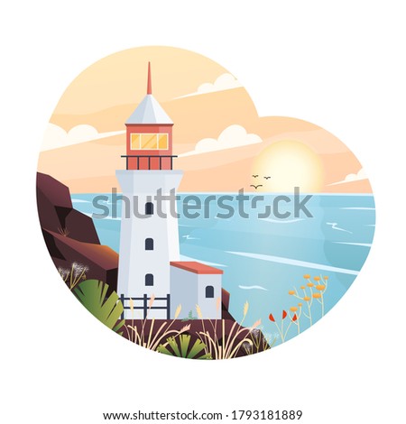 Beautiful summer landscape flat design concept. Lighthouse by the sea or ocean. Beacon in ocean for navigation illustration