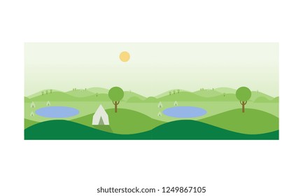 Beautiful summer landscape with green meadows, ponds and a tent vector Illustration
