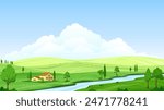 Beautiful summer landscape of a green valley with hills, trees and bushes. Country house near the river. Blue sky and clouds. Panoramic vector illustration.