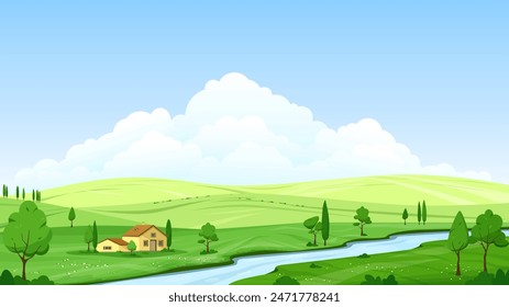 Beautiful summer landscape of a green valley with hills, trees and bushes. Country house near the river. Blue sky and clouds. Panoramic vector illustration.