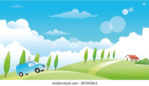 beautiful summer landscape with hills home and van
