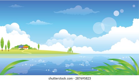 beautiful summer landscape with hills river and lone home