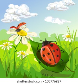 Beautiful summer landscape with a ladybug. Vector illustration. 