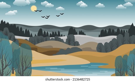 Beautiful summer landscape. Lake among the hills with trees and bushes against the background of fields, coniferous forest, sky with sun, clouds, silhouettes of flying birds. Vector. 