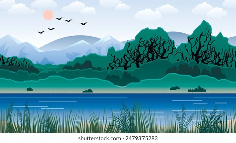 Beautiful summer landscape. Lake with grassy banks, forest, hills, mountains under the sky with the sun, clouds, flying birds. Flat design. Author's work. Vector.