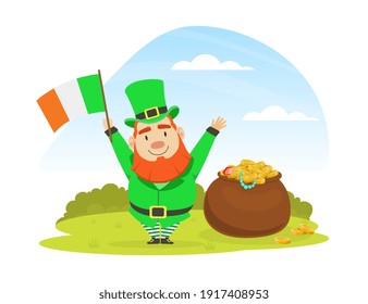 Beautiful Summer Landscape with Leprechaun with Pot of Gold Coins and Irish Flag, St. Patricks Day, Traditional Irish Folklore National Character Vector Illustration