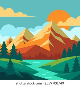 beautiful summer landscape in the mountains beauts vector icon with white background