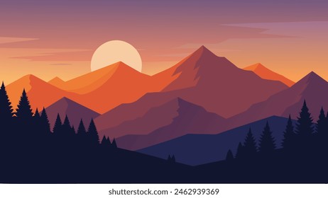 Hermoso paisaje de verano en las montañas. Belleza de la naturaleza Fondo, Ilustración vectorial plana