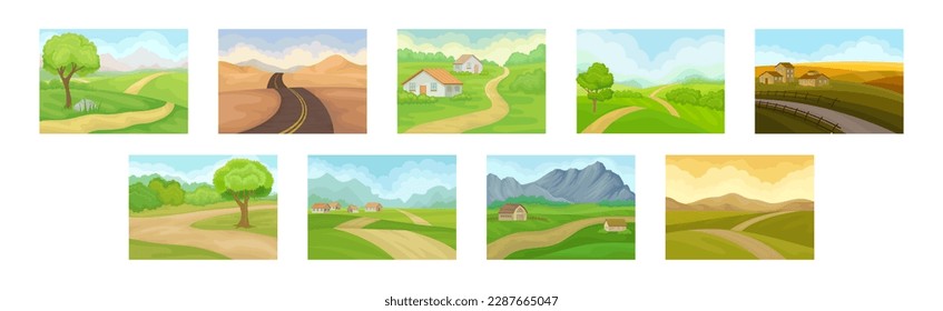 Beautiful Summer Landscape and Nature Scenes with Green Hills and Blue Sky Vector Set