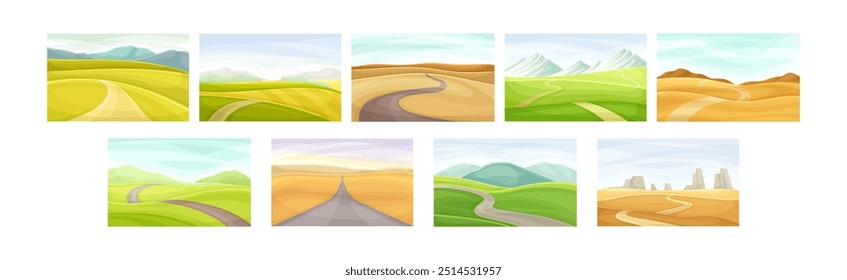 Beautiful Summer Landscape and Nature Scenes with Road Vector Set
