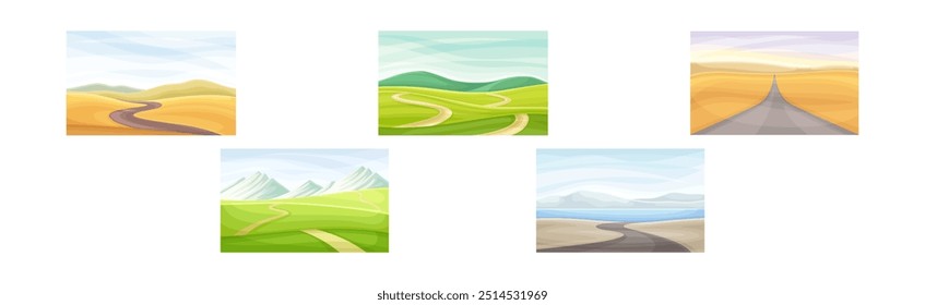 Beautiful Summer Landscape and Nature Scenes with Road Vector Set
