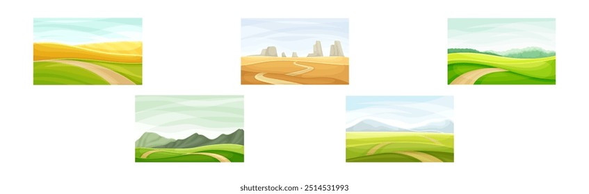 Beautiful Summer Landscape and Nature Scenes with Road Vector Set