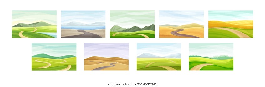 Paisaje de verano hermoso y escenas de Naturaleza con el sistema del Vector del camino