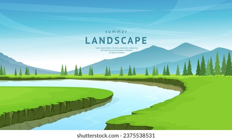 Beautiful summer landscape. The river flows between green meadows, mountains and forest on the horizon. Clear sunny day, picturesque countryside. Vector illustration.