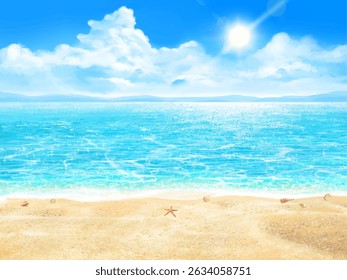 Beautiful Summer Landscape - Sea and Beach - Vacation - Emerald Green Sea and Sandy Beach with Shells - Clouds and Sun Shining Landscape Material