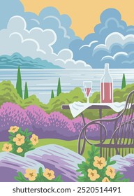 Beautiful summer landscape with the sea, flowers, a table with a bottle of wine and a glass. French resort Provence. Travel, vacation and relaxation. Vector colorful art illustration