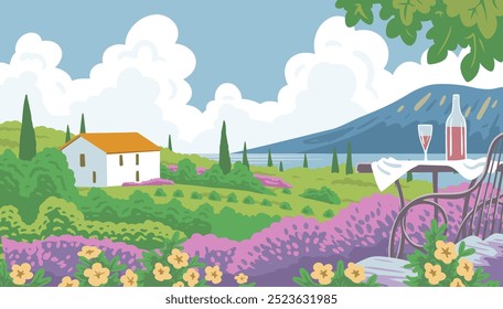 Beautiful summer landscape with the sea, flowers, a table with a bottle of wine and a glass. French resort Provence. House with a vineyard. Travel, vacation and relaxation. Vector art illustration