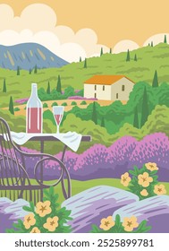 Hermoso paisaje de verano con el mar, flores, una mesa con una botella de vino y una copa. Casa con un viñedo. Estación francesa de Provenza. Viajes, vacaciones y relajación. Ilustración de Arte vectorial