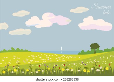 Beautiful summer landscape, sea, hills, clouds, flowers, vector, banner, illustration