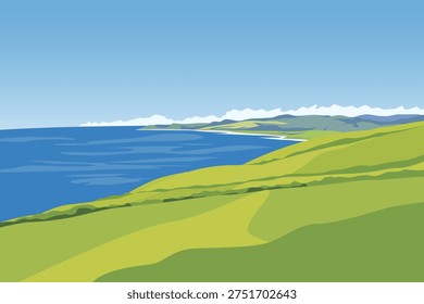 Beautiful summer landscape with a seashore, sky, and cliffs. Sea coast with hills and clouds on the horizon. Vector illustration of a coastline with a blue sea and green meadows.