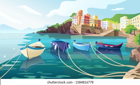 Beautiful summer landscape. Seaview background. Harbour with boats, rocks, hills, mountains and old town. A view from the water of Riomaggiore, Cinque Terre. Italy. Cartoon vector illustration,