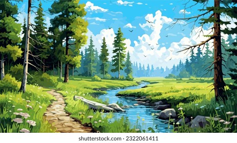 Beautiful summer landscape. Small river. Green meadow. Forest. Clear sky. Bright warm colors. The beauty of the nature. Landscape work of art. Vector illustration design.