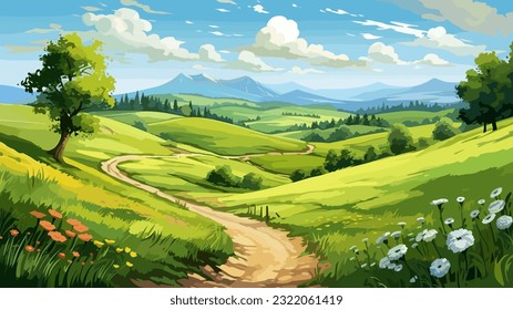 Beautiful summer landscape. Small river. Green meadow. Forest. Clear sky. Bright warm colors. The beauty of the nature. Landscape work of art. Vector illustration design.