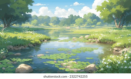 Schöne Sommerlandschaft. Kleiner Fluss. Grüne Wiese. Wald. Himmel frei. Helle, warme Farben. Die Schönheit der Natur. Landschaftskunst. Vektorgrafik-Design.