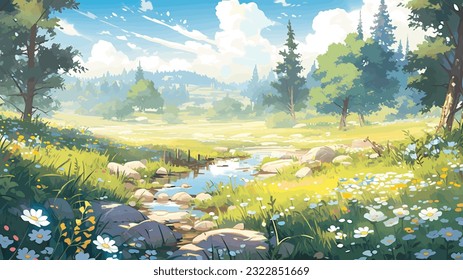 Beautiful summer landscape. Small river. Green meadow. Forest. Clear sky. Bright warm colors. The beauty of the nature. Landscape work of art. Vector illustration design.