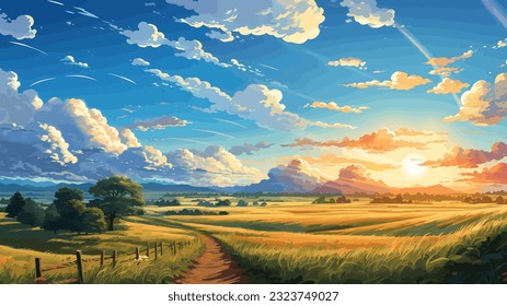 Beautiful summer landscape. Small river. Green meadow. Forest. Clear sky. Bright warm colors. The beauty of the nature. Landscape work of art. Vector illustration design.